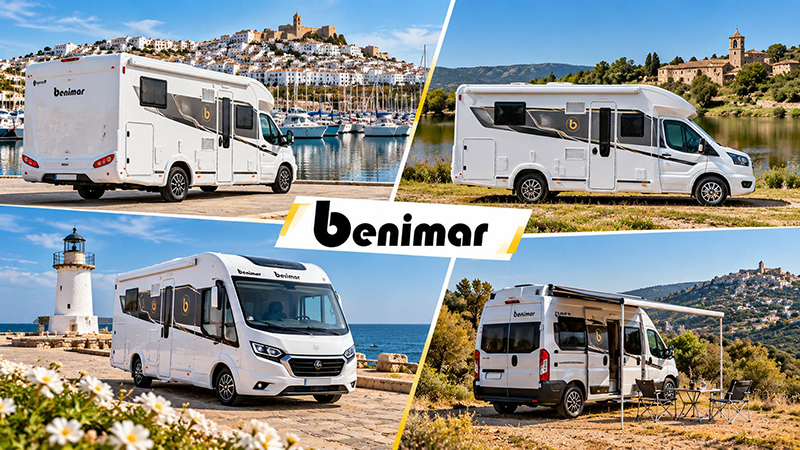 Camping-cars Benimar profilés et fourgon aménagé, présentés en bord de mer et dans la campagne méditerranéenne